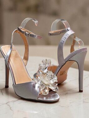 Crystal Embellished Silver Satin High Heel Sandals With Ankle Strap & Peep Toe F